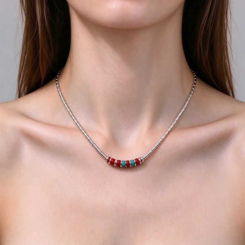 Silver Bamboo Bead Necklace for Women, Ethnic Style Red Turquoise Bead Pendant Choker, 45+6cm with Extender, High Quality Alloy, Hypoallergenic, Polished Mirror Finish, Trendy Boho Statement Jewelry, Casual Daily Necklace, Nice Gift, Easy to Match Outfits