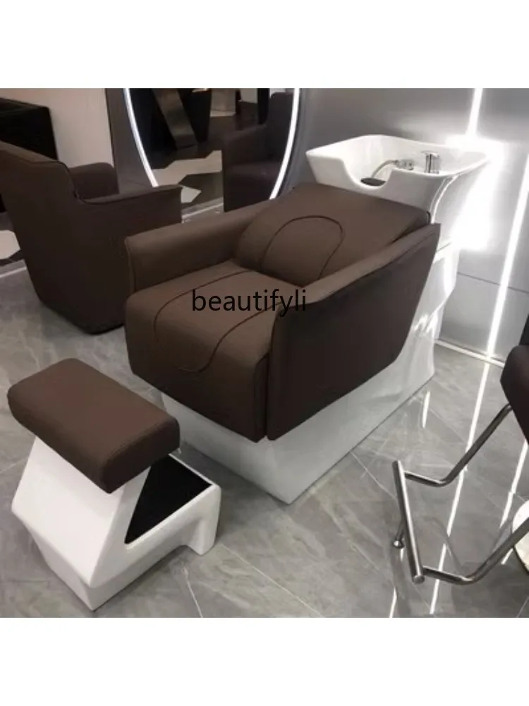 Half Lying Shampoo Chair Barber Shop for Hair Salon Punch Bed Ceramic Basin Simple Hair Washing