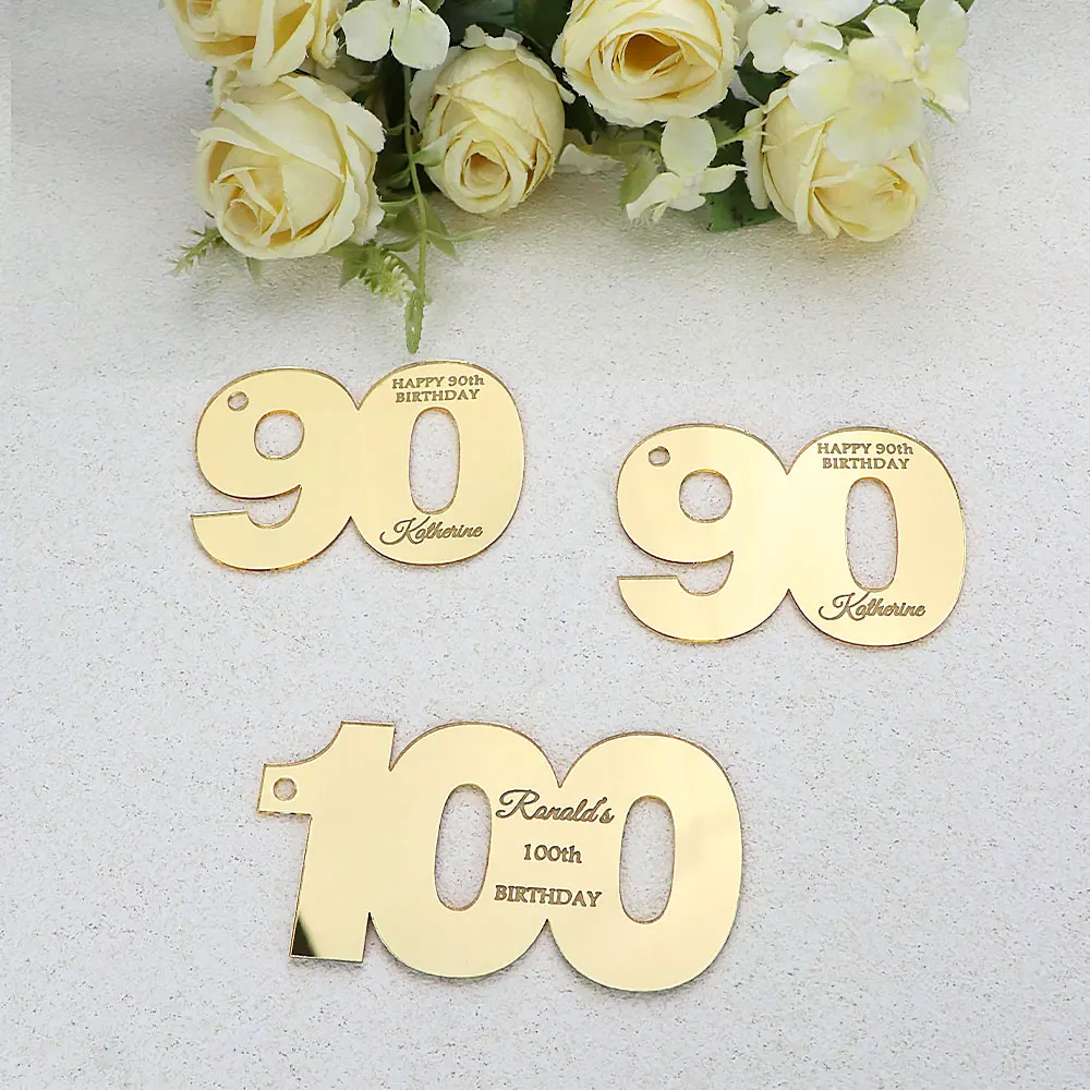 Personalized Number Birthday Mirror Tags 70th 80th 90th 100th Birthday Party Favor Acrylic Adult Birthday Favors Name Tags Gift