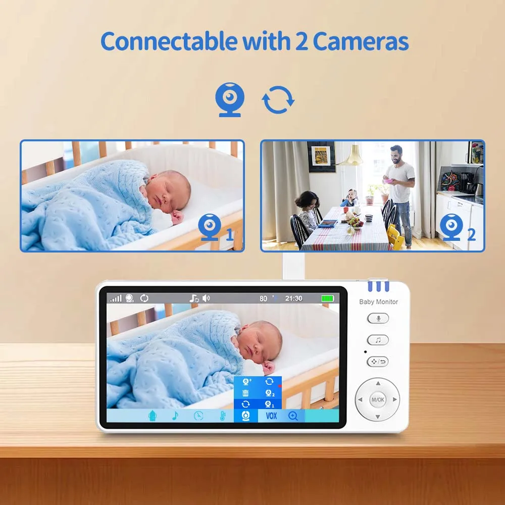 5 Inch Video Baby Monitor With Pan Tilt Camera 2.4G Mother Kids Surveillance PTZ Video Cams Temperture Display Home Security Cam