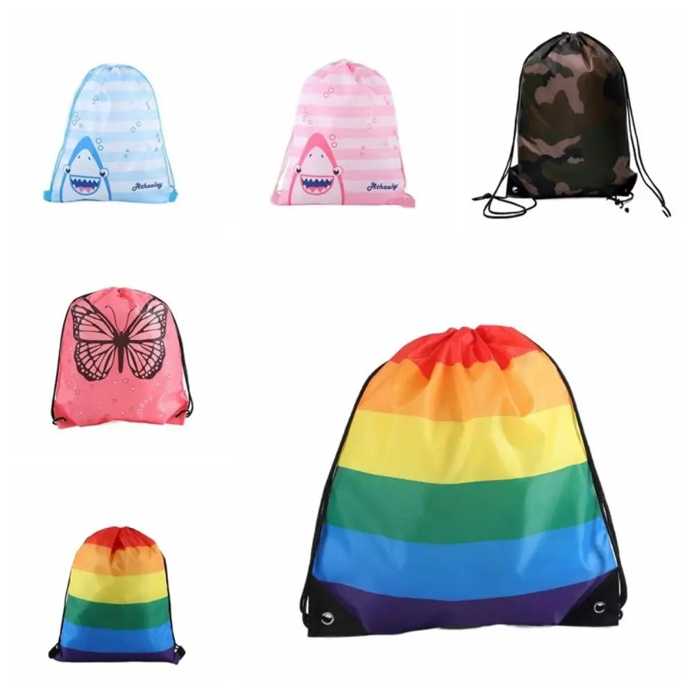 Rainbow Drawstring Gym Backpack Reflective Stripe 210D Polyester Nylon Sports Shoulder Bag Portable All-Match Drawstring Bag