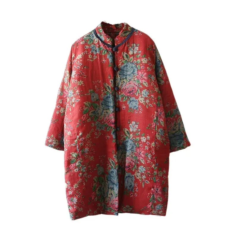 Chinese Style Clothing Warm Cotton Print Flower Coat Robes 2024 Winter New Loose Retro Women Vintage Parkas 13 NM33 view 5
