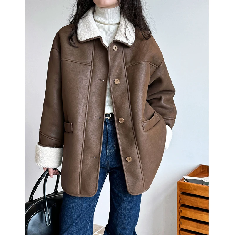 

Women Autumn Coats Single Button Pu Leather Jacket Coat Feminino Lambswool Fleece Long Sleeve Tops For Women Parka Femme Coat