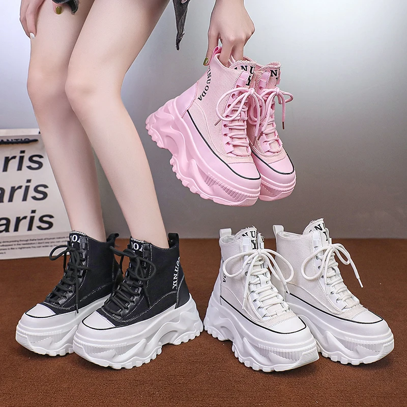 2023 Women Ankle Boots High Platform Canvas Boots Ulzzang 7.5CM Wedge Heels Sneakers Woman Autumn Thick Sole Leather Short Boots