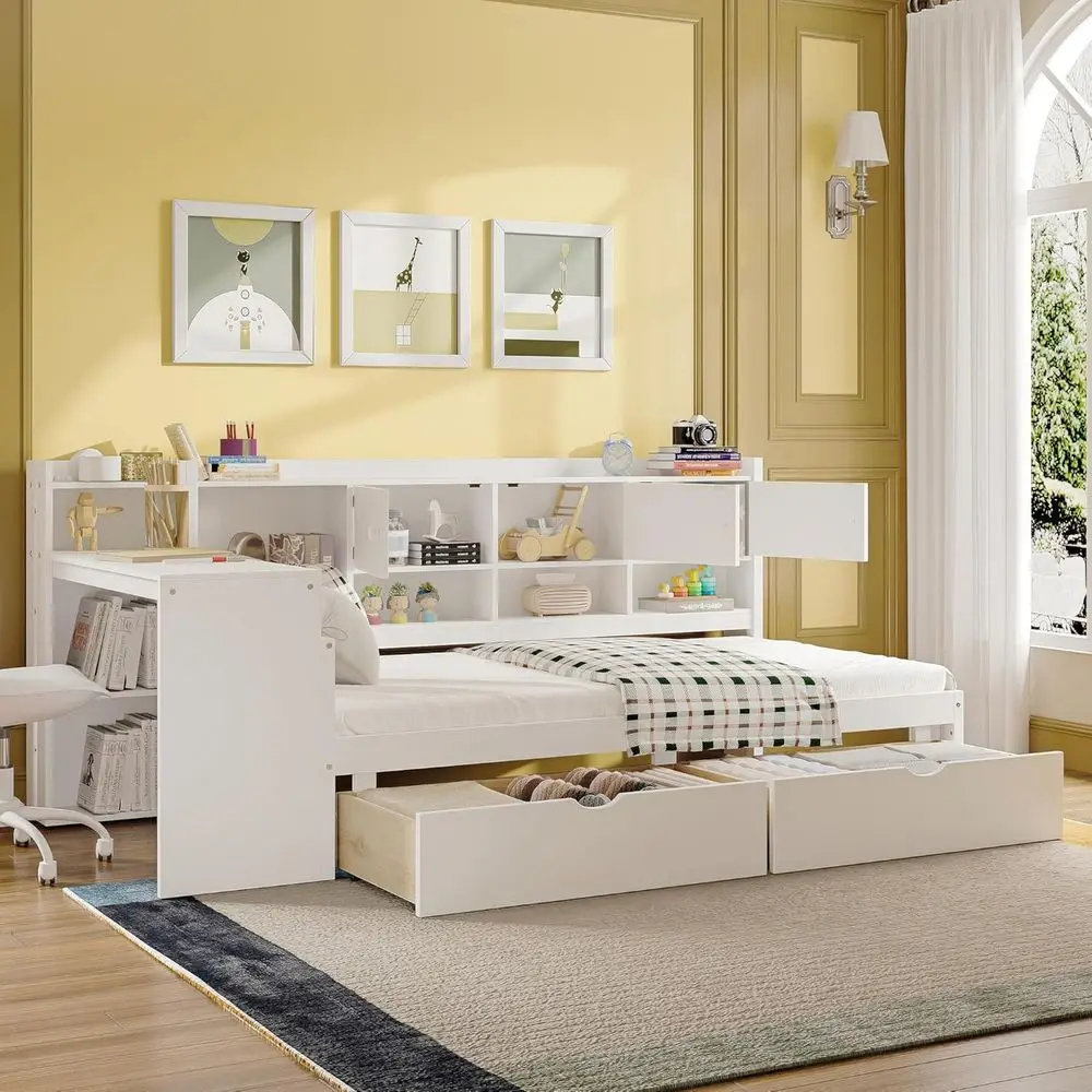 

Twin Size L-Shape Daybed with Storage Cabinets, Desk, and Bookshelf for Kids, Teens, Adults in White