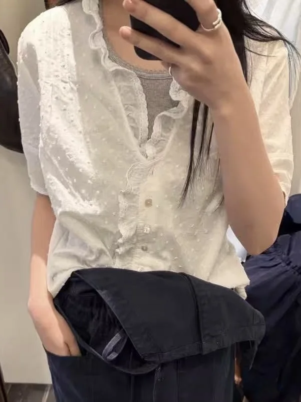 

Spring Summer New Style PREON Shirt Dress with Lace Trim Casual Loose Fit Pure Cotton Short Sleeve V Neck Women's Dress