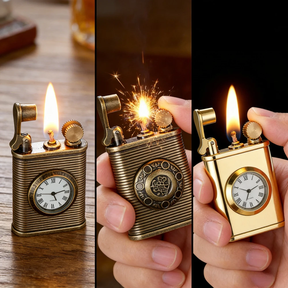 

Retro Watch Oil Lighter with Real Quartz Watch Metal Creative Gyro Wheel Flint Antique Vintage Lighters Smoking Men's Gift