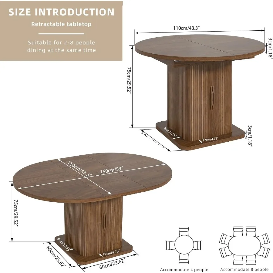 Extendable Round Conference Table for 4-8 People, 43-59Inch, Walnut