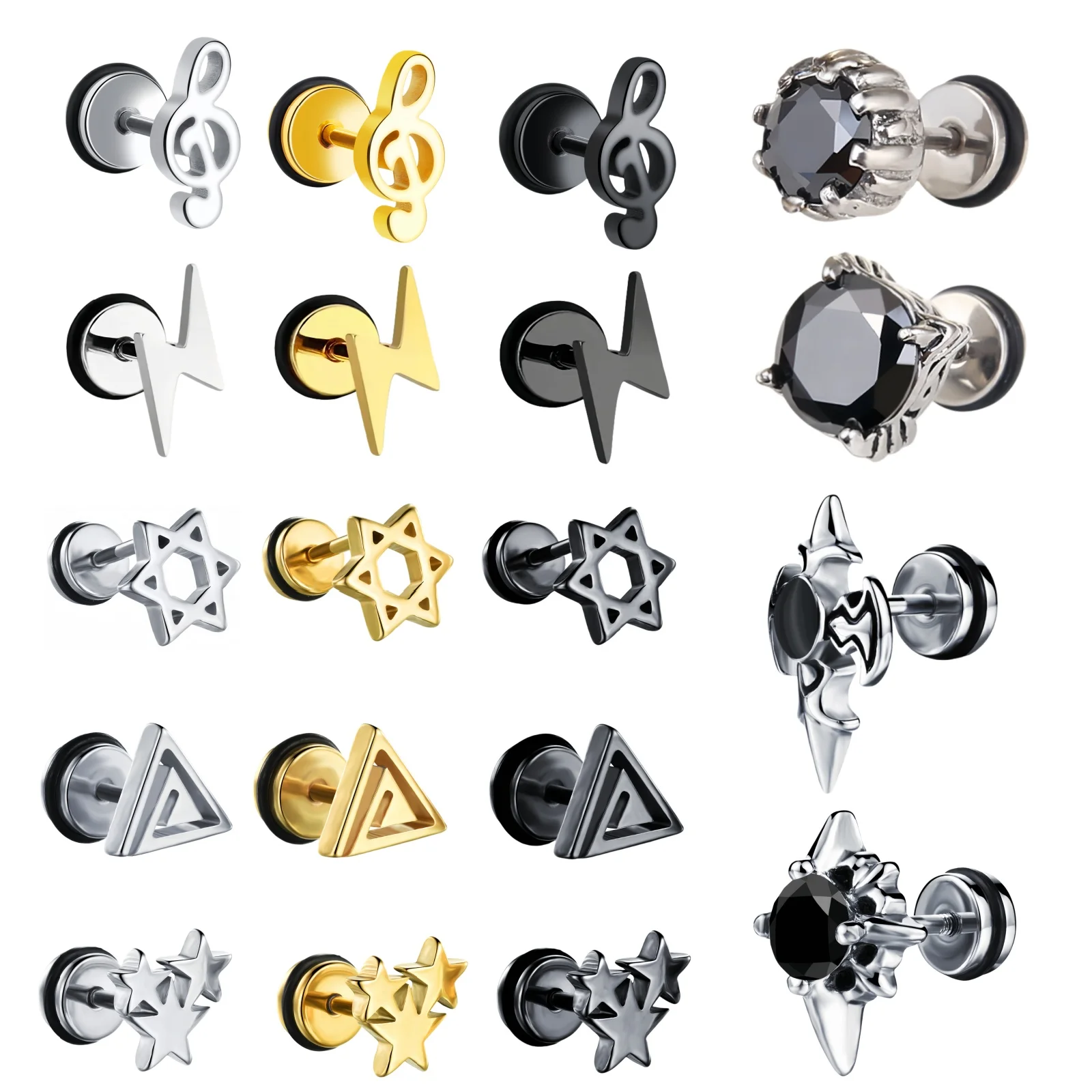 1 Paar Stern Blitz Titan Stahl Unisex Damen Herren Schwarz Klar Kristall Zirkon Ohrstecker Ohrringe Glänzend Piercing Schmuck Geschenk