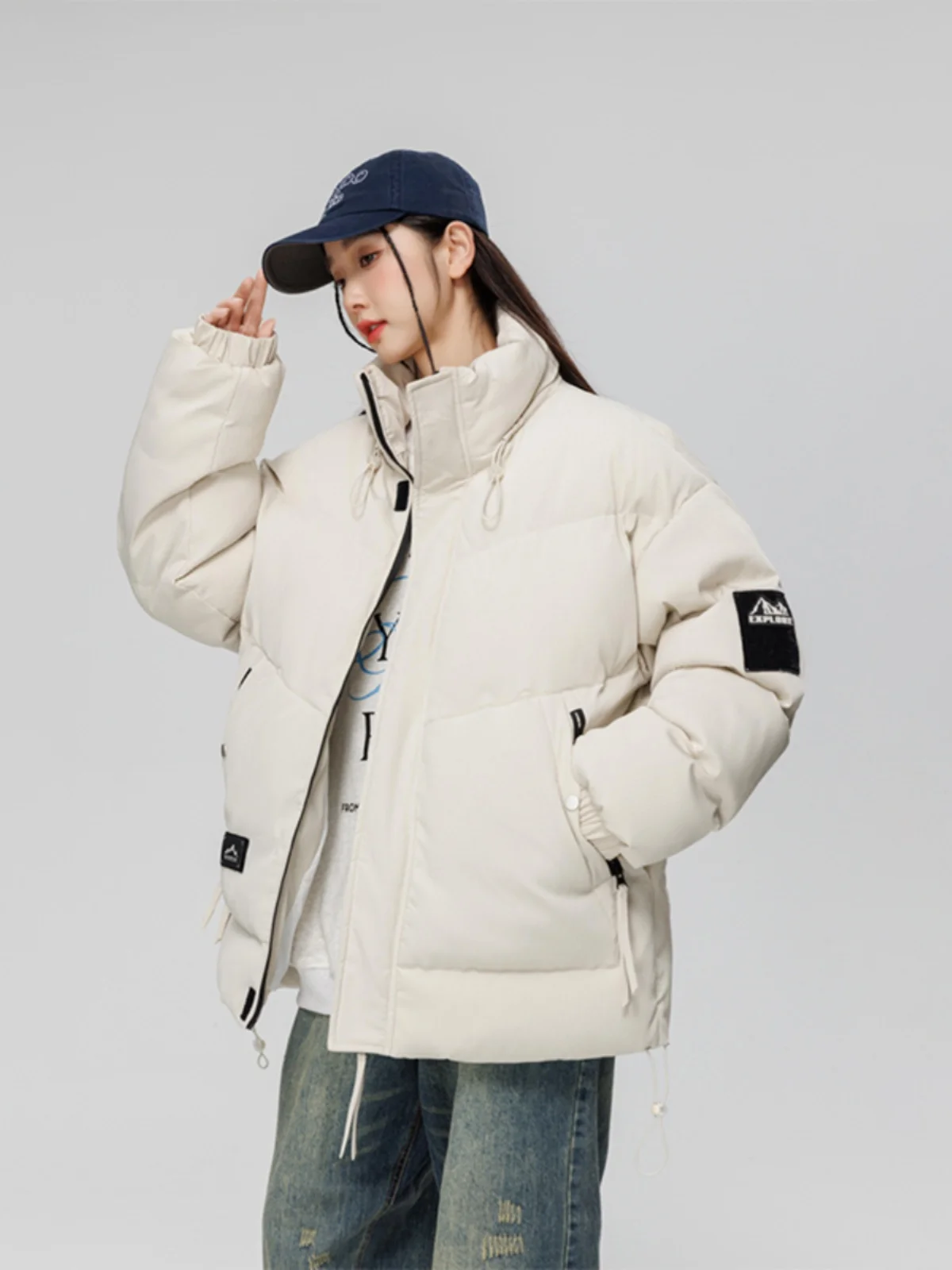 

Men's Winter Cotton Jaet Loose Casual Stand Collar Warmth Faion Urban Sle Polyester Fabric Long Sve Zipper Closure