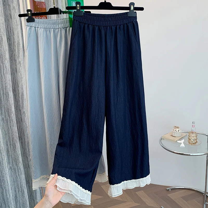 بنطلون نسائي واسع الساق بخصر مرتفع، تصميم جديد لصيف 2023، مريح وفضفاض من مزيج القطن مع كشكشة