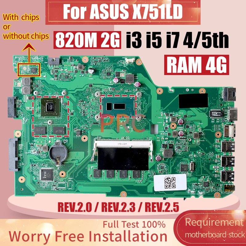 Imagem -02 - Asus Laptop Motherboard Notebook Mainboard X751ld Rev.2.0 Rev.2.3 Rev.2.5 I34030u I35010u I5-5200u Ram 4g 820m 2g