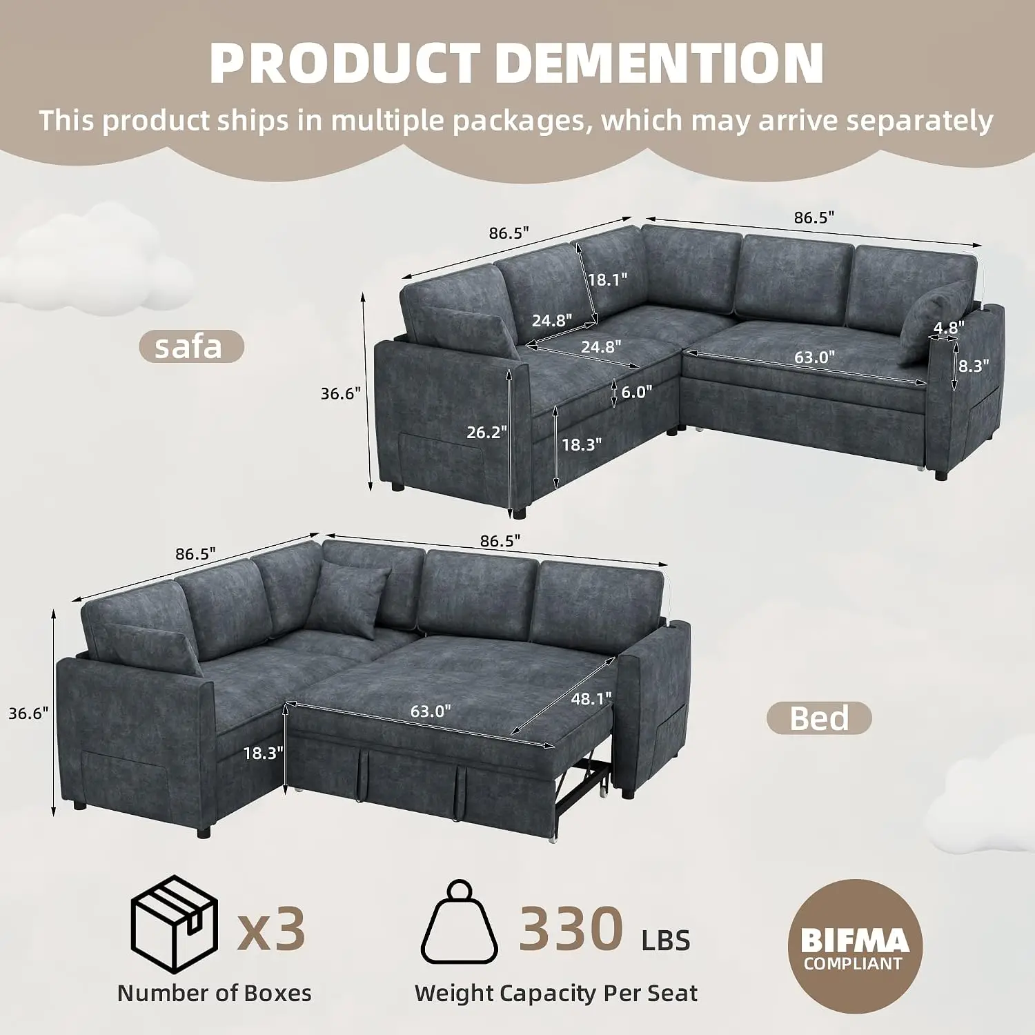 L Shaped Pull Out Sleeper Sofa Bed with USB Ports, Velvet Modular Sectional with 2 Pillows for Living Room, Customized