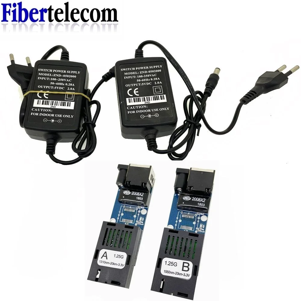 1Pair Mini Gigabit Fiber Optical Media Converter 100/1000Mbps Optic Transceiver SC to RJ45 Ethernet Switch 20Km With EU Power