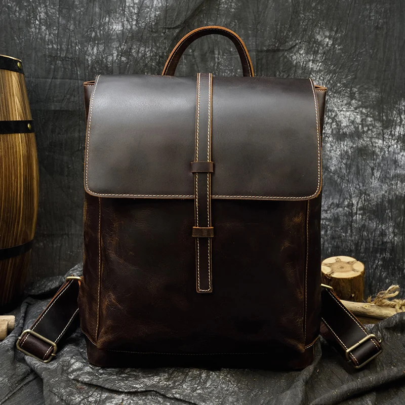 

Men's Retro Backpack Genuine Leather Computer Backpack High Capacity Bog For Male Flip Leather School Bags Crazy Horse Backpacks