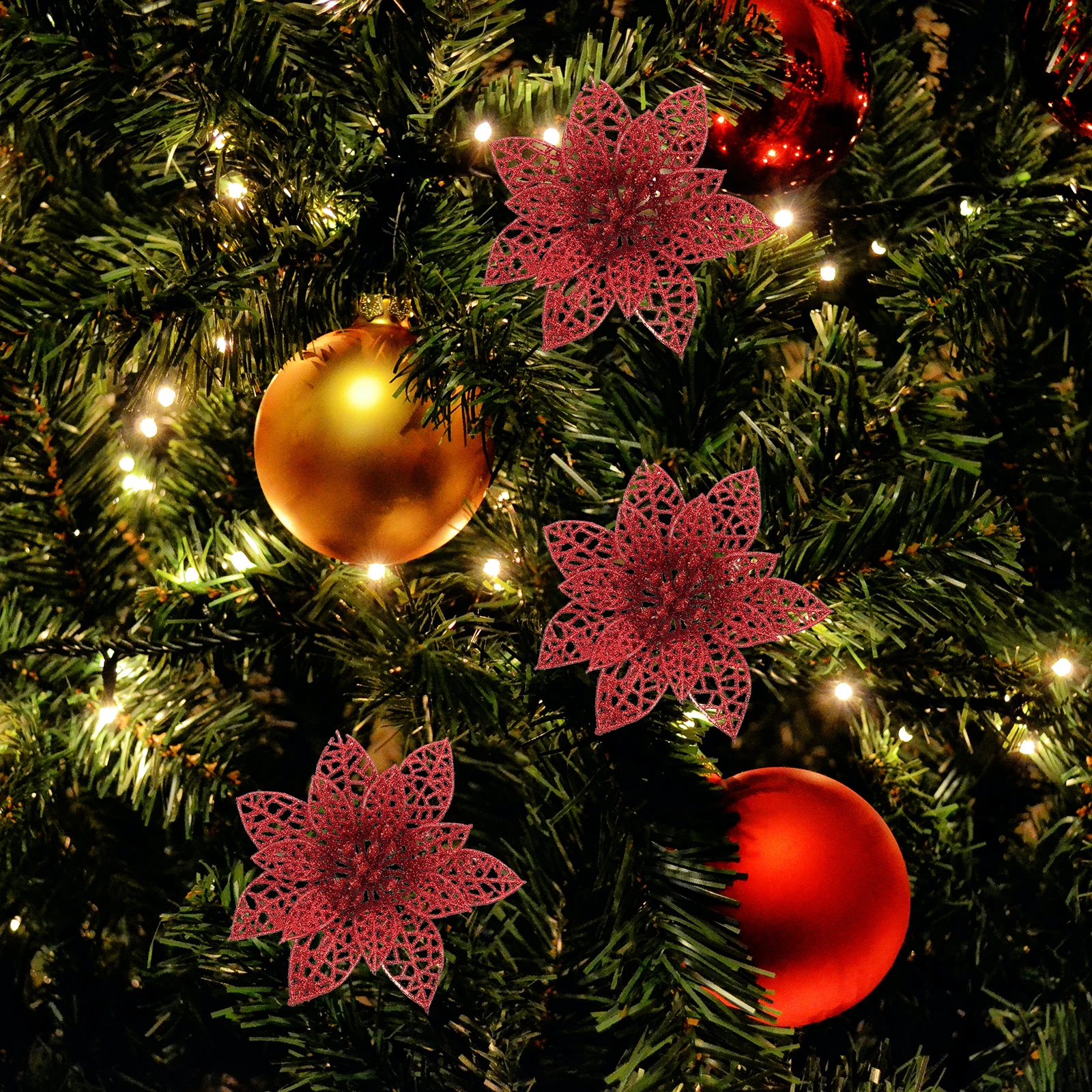 

10 Pcs Decorative Flower Scene Christmas Tree Decors Artificial Flowers Hollow Adornments Fake Leaves Lifelike Pendants