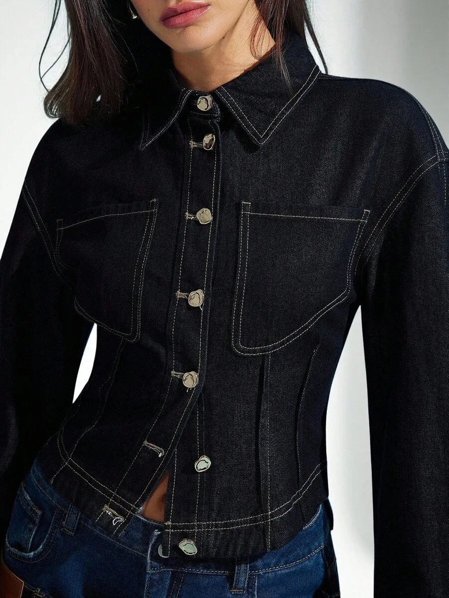 

Cinched Waist Collared Denim Shirt With Exaggerated Cuffs