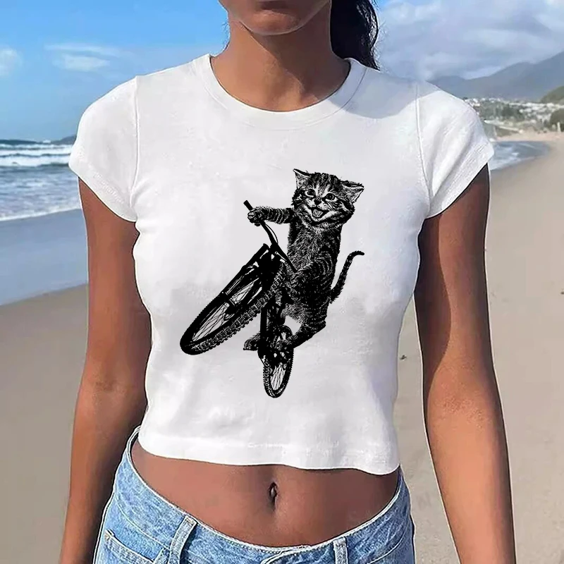 Damska gotycka koszulka z nadrukiem kota w stylu Y2K, vintage, Harajuku, estetyka punk, modna, dopasowana, elegancka, z krótkim rękawem, crop top.
