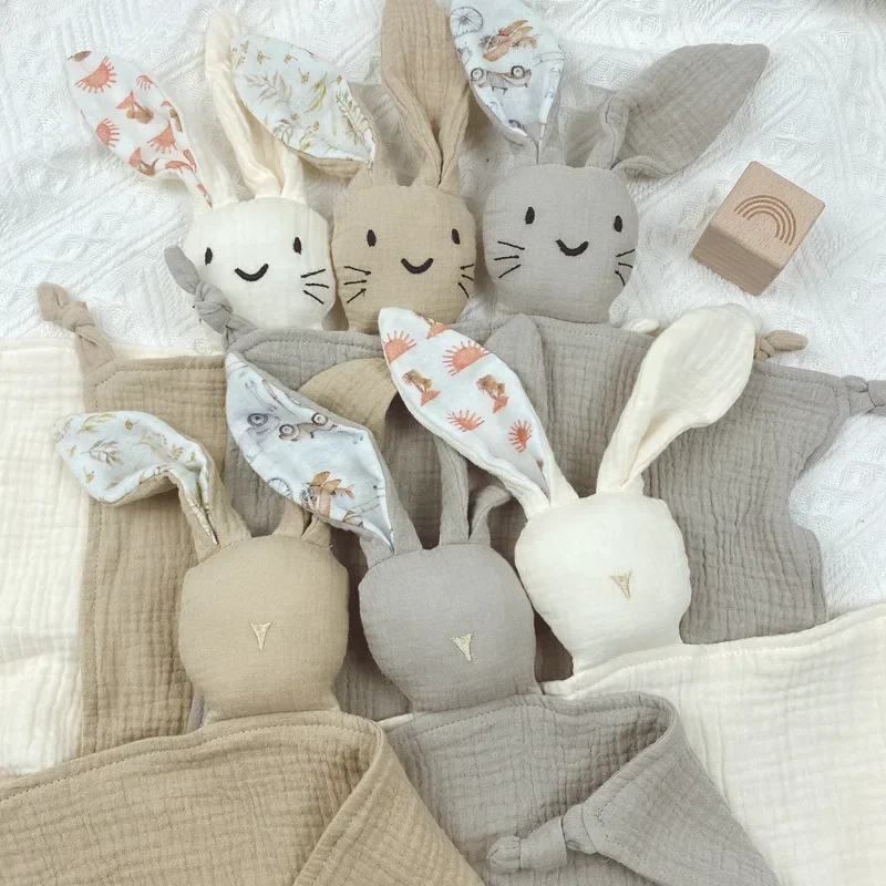 Soft Cotton Muslin Baby Bib Stuffed Rabbit Doll Newborn Appease Towel Security Blanket Baby Sleeping Cuddling Towel Facecloth