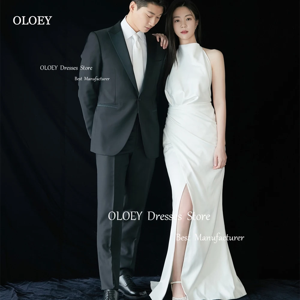 

OLOEY Simple Ivory Halter Wedding Dress Korea Photoshoot Satin A Line Waist Pleats Bridal Gown Floor Length Custom