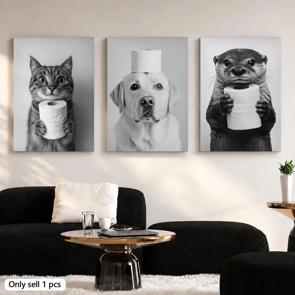 Highland Cow Otter Cat Raccoon with Toilet Paper Framed Wall Painting Ready to Hang Canvas Poster for Room Bedroom Home Decor
