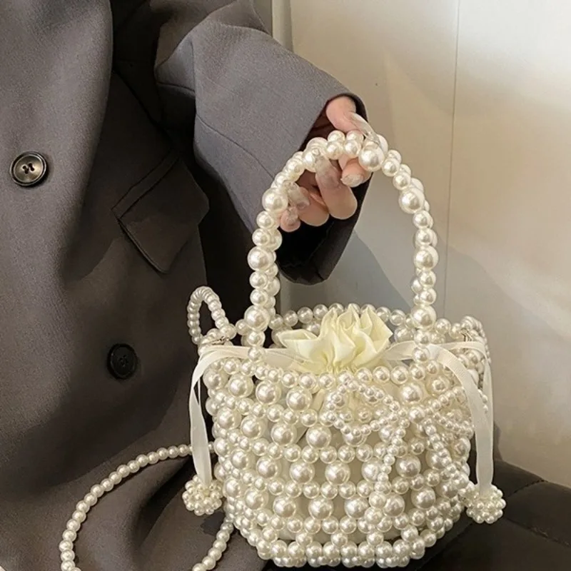 

Women Pearl Bag Mini Tote Bucket Bag Woven Crossbody Hand Bags for Women Coin Purse Wallet Handbag Ladies Shoulder Bags