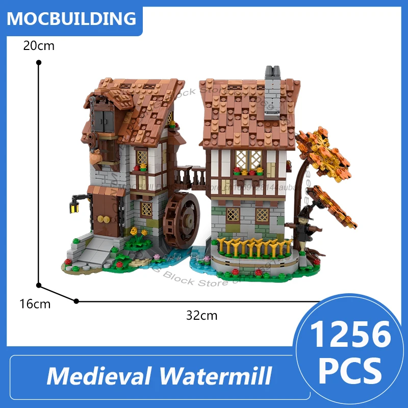 Castillo de molino de agua Medieval, modelo Moc, bloques de construcción Diy, colección de ladrillos, exhibición de arquitectura, juguetes de Navidad, regalos, 1256 Uds.