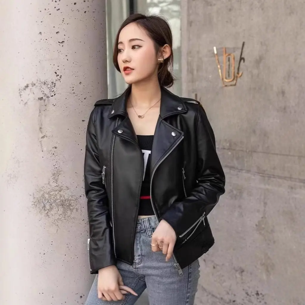 Primavera outono novo estilo feminino fino ajuste jaqueta de couro do plutônio curto casaco motociclista tamanho grande versão coreana moda outerwear