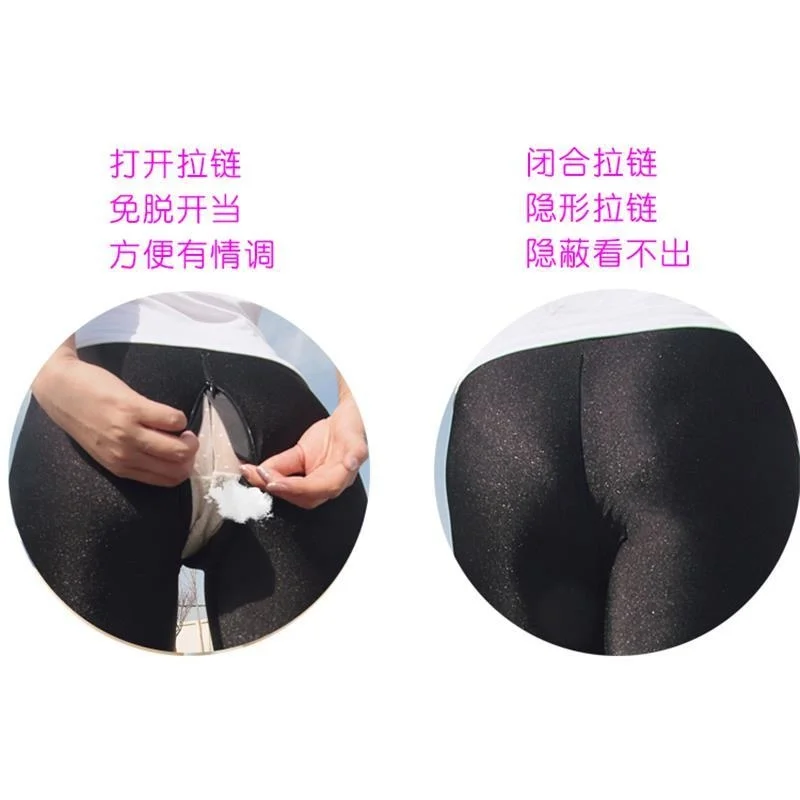 Glossy Invisible Zipper Open Crotch Plus Size Black Women High Waist Leggings Tights Fitness Sport Pants Sexy Trousers