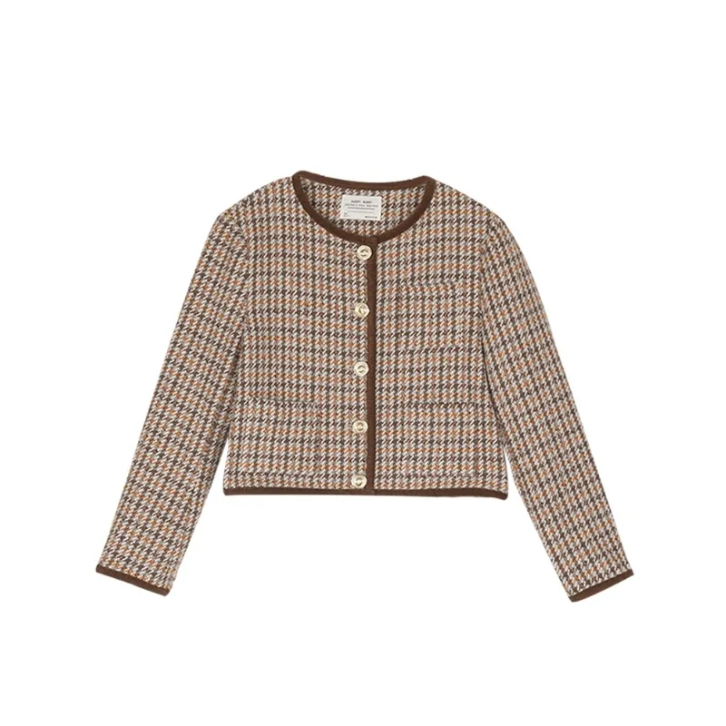 Vintage Plaid Tweed Jacket Elegant Short Coat for Women Autumn Winter Round Neck Retro Outerwear with Contrast Retro Design