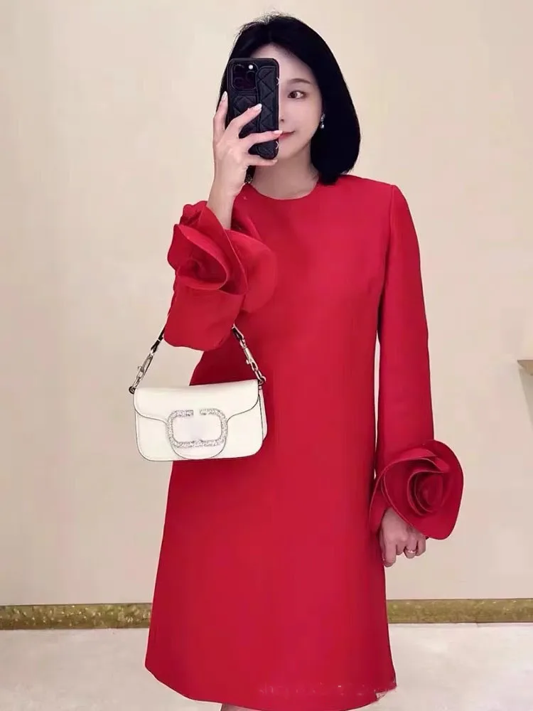 Minimalist Patchwork Appliques Dresses For Women Round Neck Long Sleeve Solid Casual Loose Dress Female Autumn Clothing