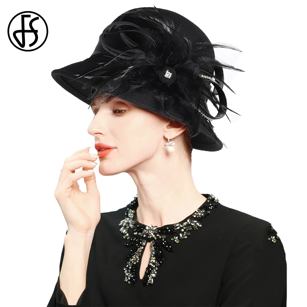 

FS Black Wool Bowler Hat For Women Ladies Formal Dress Top Hats Vintage Feather Wedding Cap Felt Church Fedoras Sombrero 2025