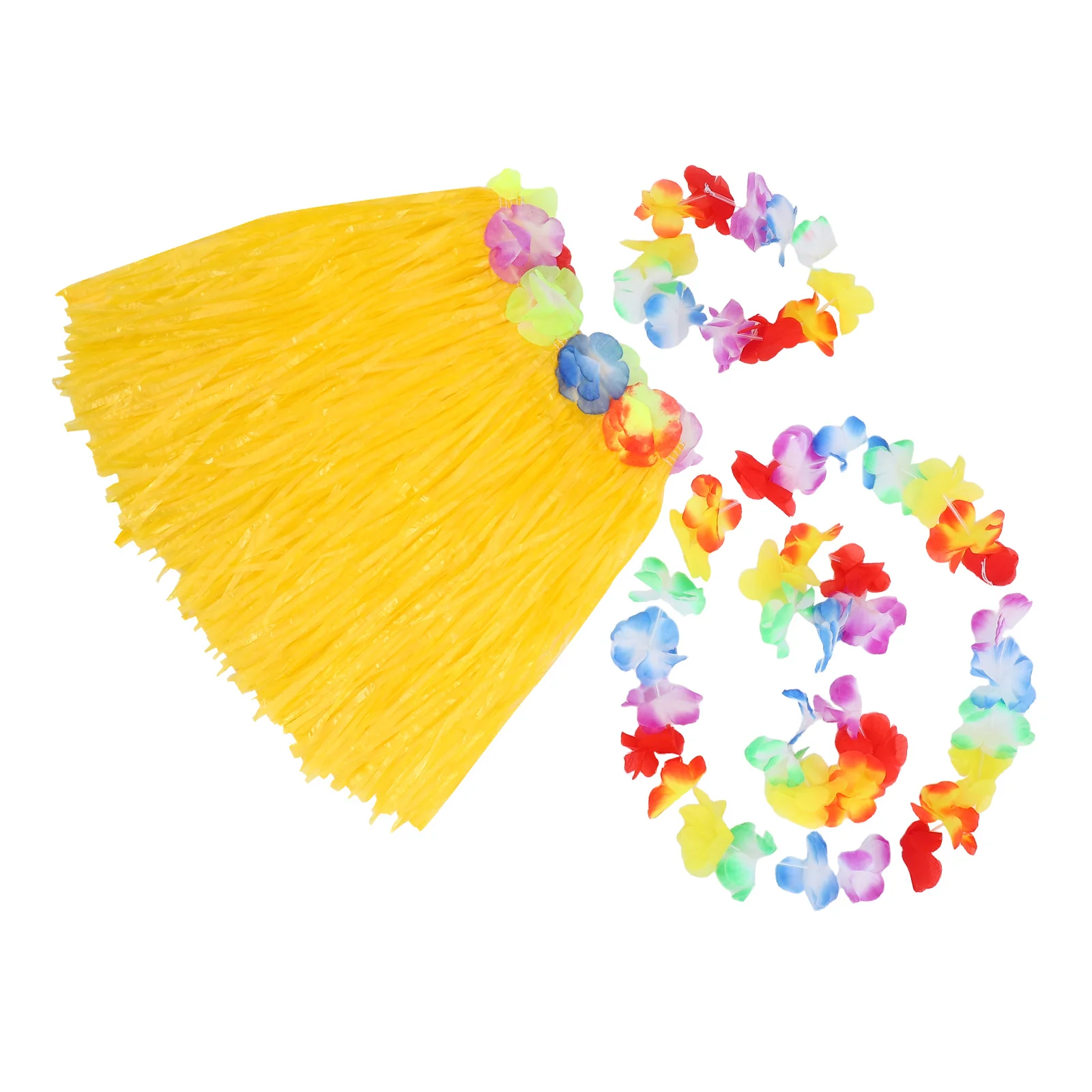 Hawaiian Accessories for Girls Green Hula Skirt Set Flower Headdress Bracelets Neck Garland Perfect for Beach Island Themed