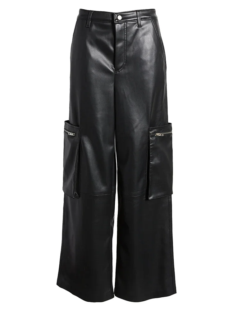 สีดําเคลือบหนังF Auxกางเกงคาร์โก้สําหรับผู้หญิงเอวสูงกางเกงขากว้างกับกระเป๋าสบายๆหลวมพอดีPUกางเกงตรง