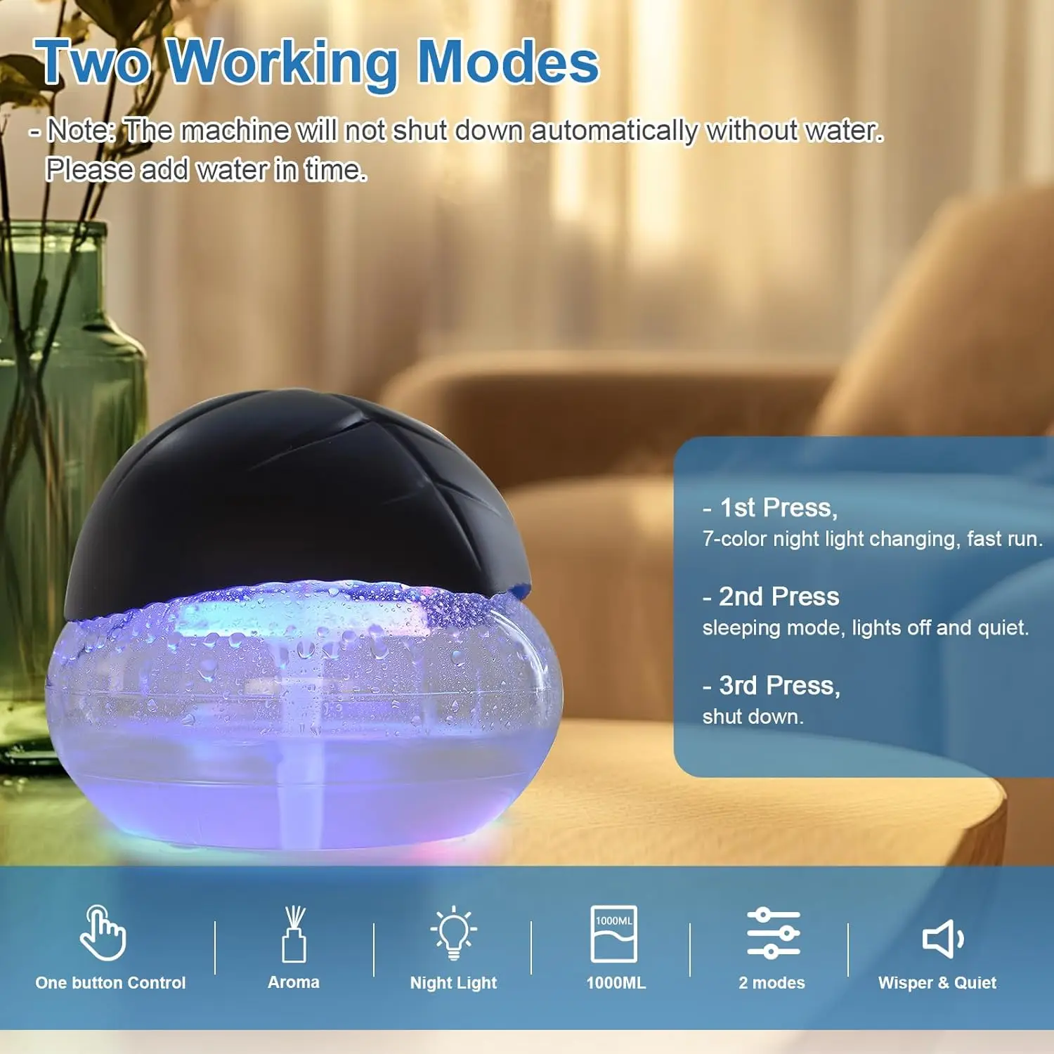 منقي هواء منقي هواء 7 ألوان LED أزرق فاتح محمول مدمج مع 4 زجاجات زيت عطري لغرفة النوم وغرفة المعيشة #2