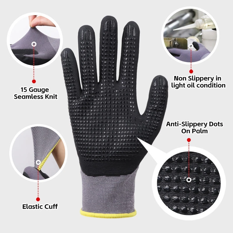 Nitrile Coated Safety Work Gloves Breathable Seamless Knit Nitrile Dipped Security Gloves for Men Mechanic Industrial Warehouse