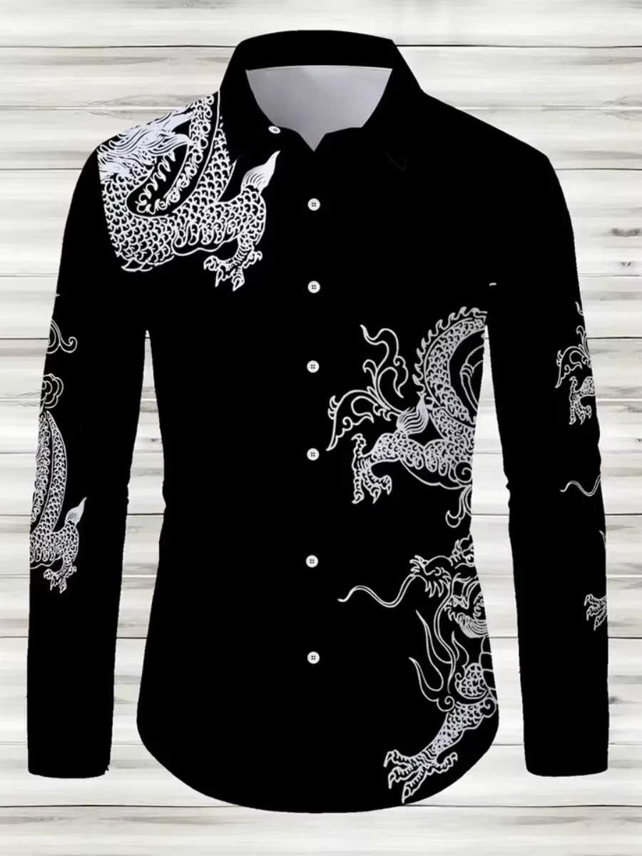 

New men's 3D printed dragon pattern shirt, long-sleeved with a turned-up collar, featuring a trendy street style button design