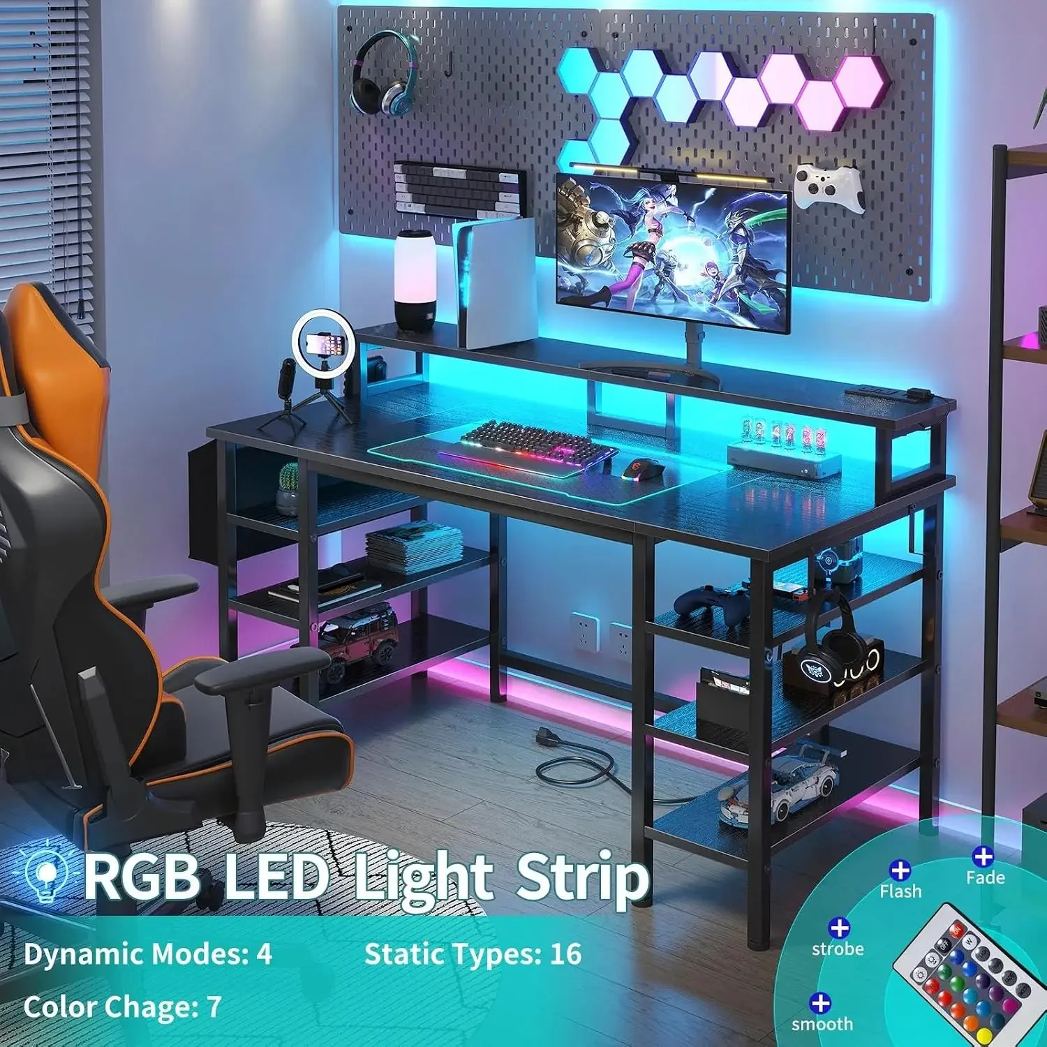 Gaming Desk with LED Lights and Storage Shelves, 47 inch Computer Desk with Power Outlets, Home Office Desk with Monitor - view 4