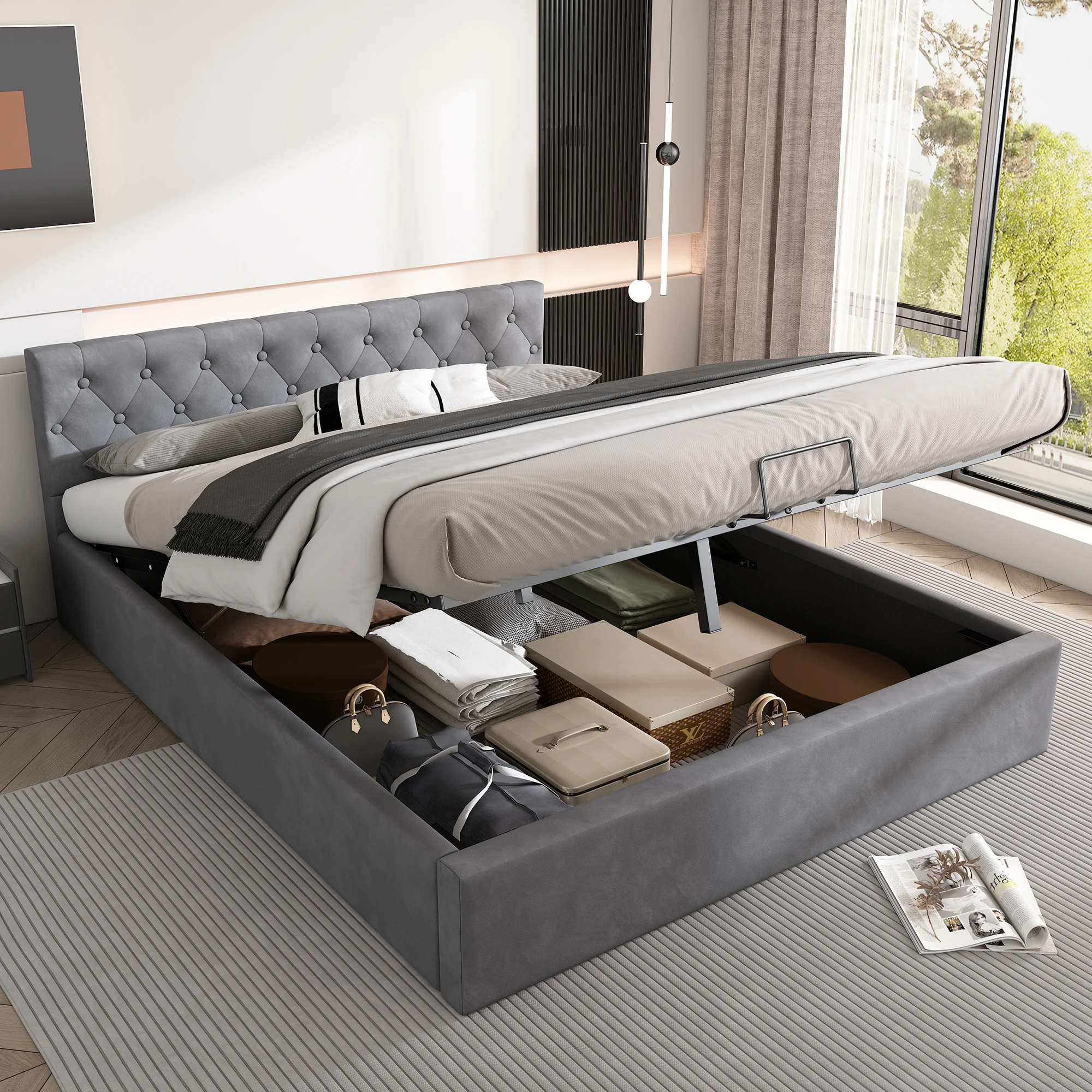 Lit coffre 140x200 cm - Lit double capitonné - Rangement hydraulique - Sommier en velours - Gris