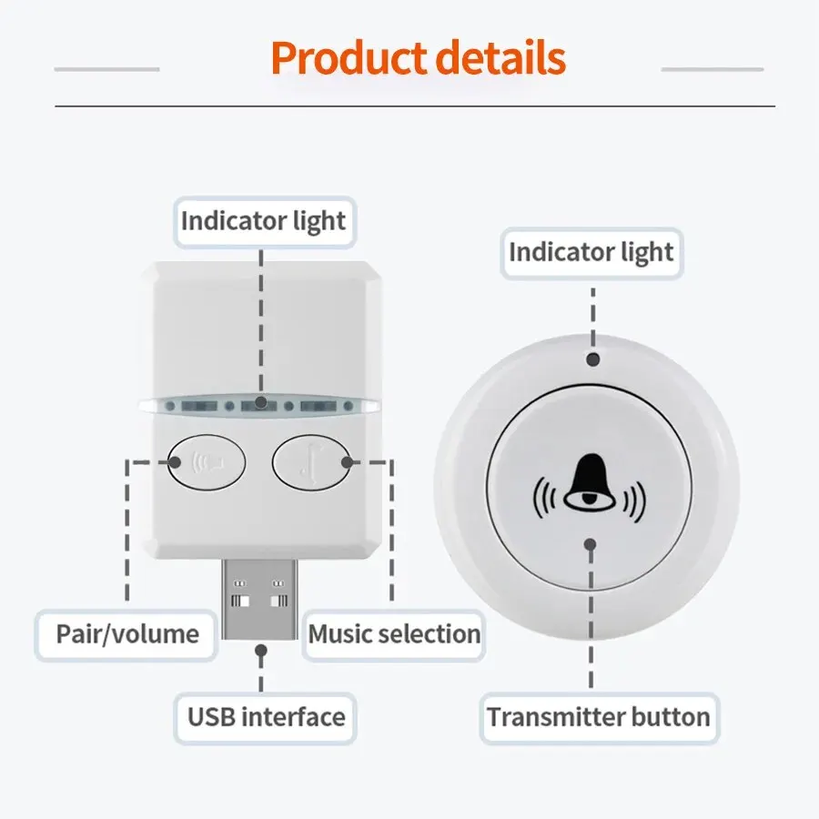 Wireless Doorbell for Home Outdoor USB Door Bell DC 5V RF433 MHz Pairing Remote Control 30 Ringtongs Volume Adjust Bed Care Call