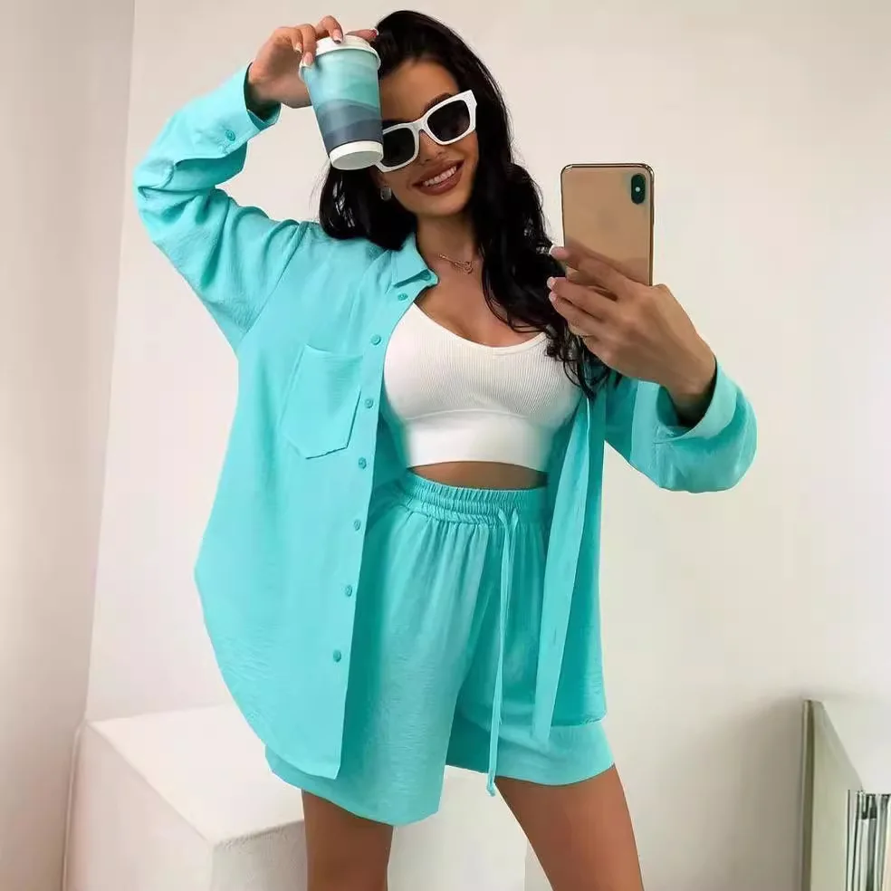

Solid Color Single-breasted Long-sleeved Shirt Loose Fashion Casual Shorts Set 2025 European and American Women's Clothing
