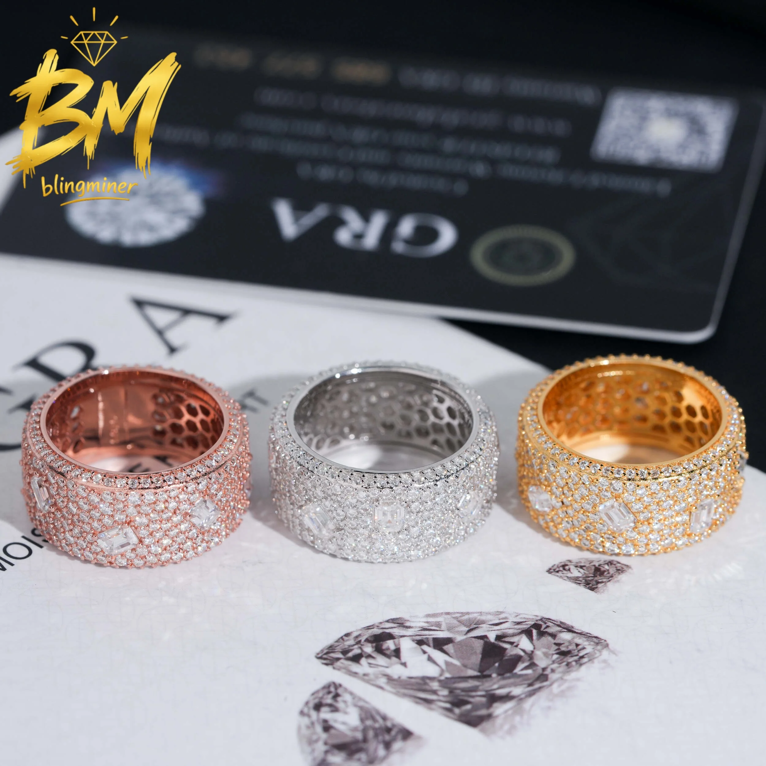 Blingminer Iced Out S925 Silver VVS Moissanite Rings For Men Women Finger Jewelry Pass Diamonds Tester GRA Free Shipping
