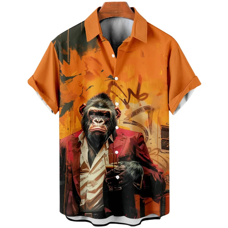 Summer Men\'s Orangutan Printed Shirt Short Sleeve Lapel Shirts Streetwear Animal Graphic Loose Shirts For Men European Size 5XL