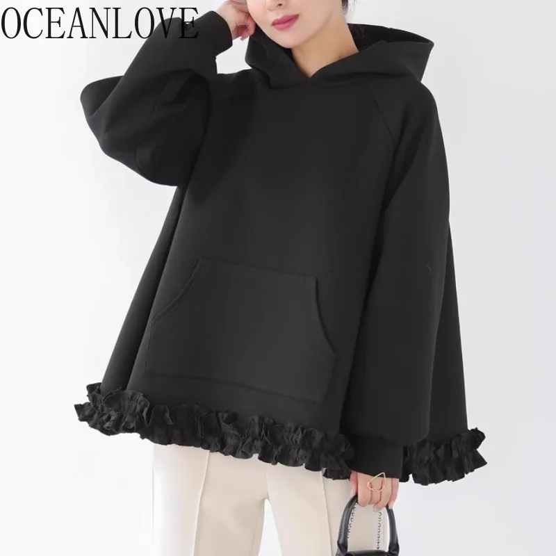 OCEANLOVE Lace Ruffles Women Hoodies Autumn Winter Loose Warm Hooded Sweatshirts Japanese Style Sweet Elegant Sudaderas