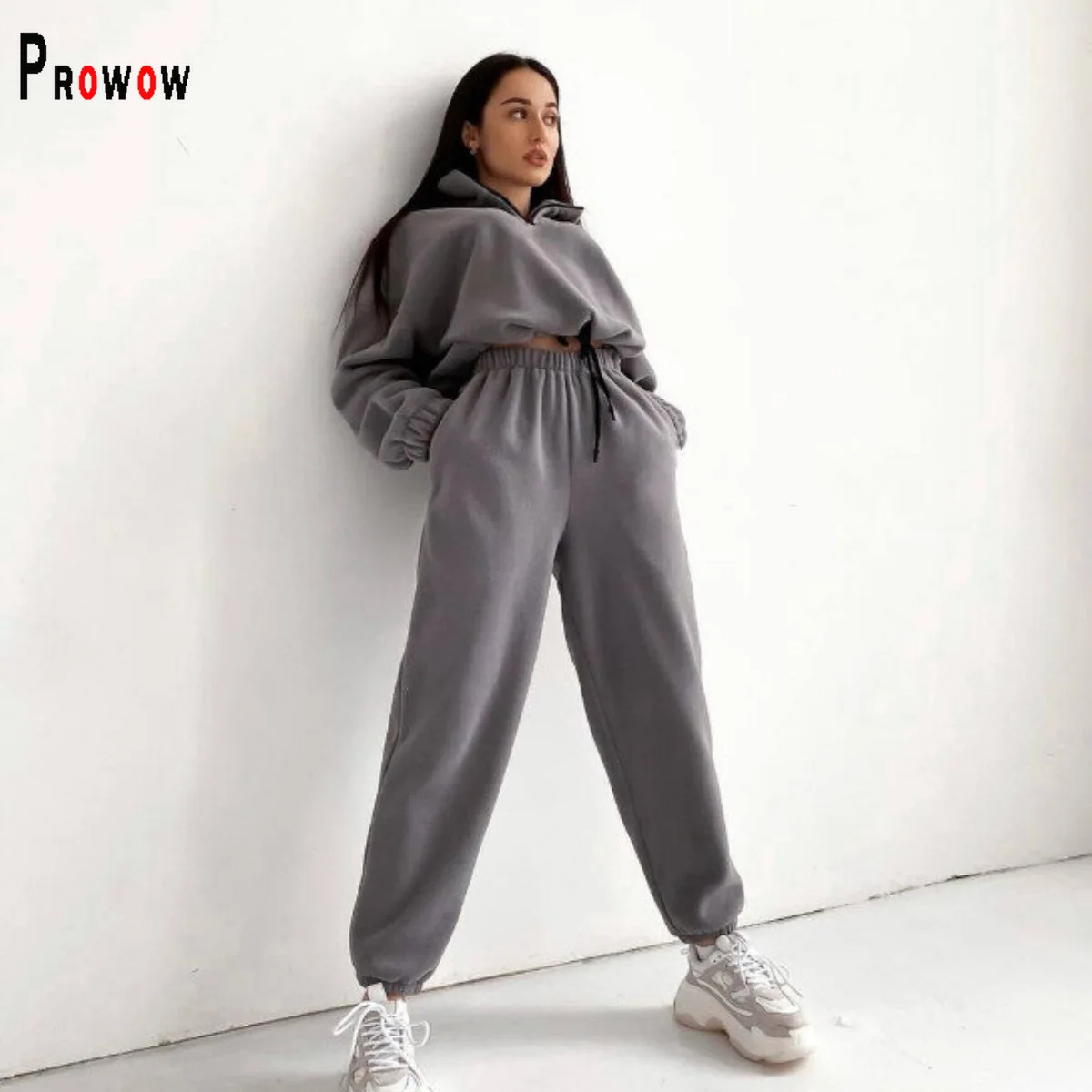 

Prowow флисовые теплые зимние женские спортивные костюмы с гофрировкой, толстовки, брюки из двух предметов, женские спортивные костюмы, однотонная одежда