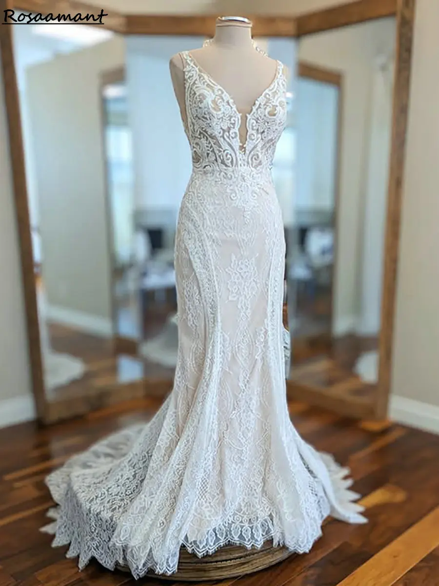 

Newest V-Neck Sleeveless Illusion Mermaid Wedding Dresses Open Back Appliques Lace Country Bridal Gowns