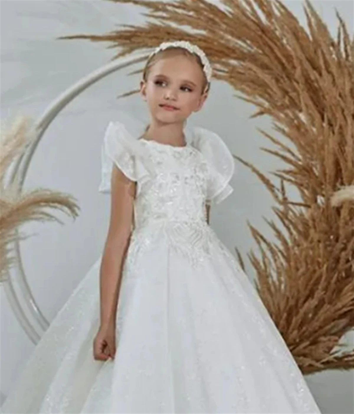 Flower Girl Dress White Fluffy Stain Lace Sparkle Wafer Wedding Elegant Flower Child's First Eucharistic Prom Party Dress