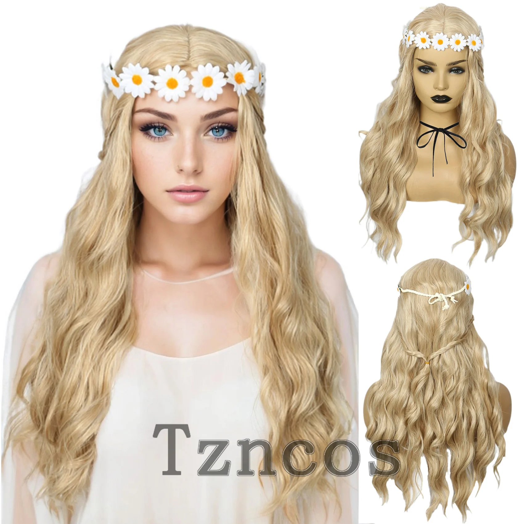 Tzncos 70s الهبي طويل متموج شعر مستعار اصطناعي للنساء Daenerys مستوحاة شعر مستعار تأثيري لحفلة الهالوين