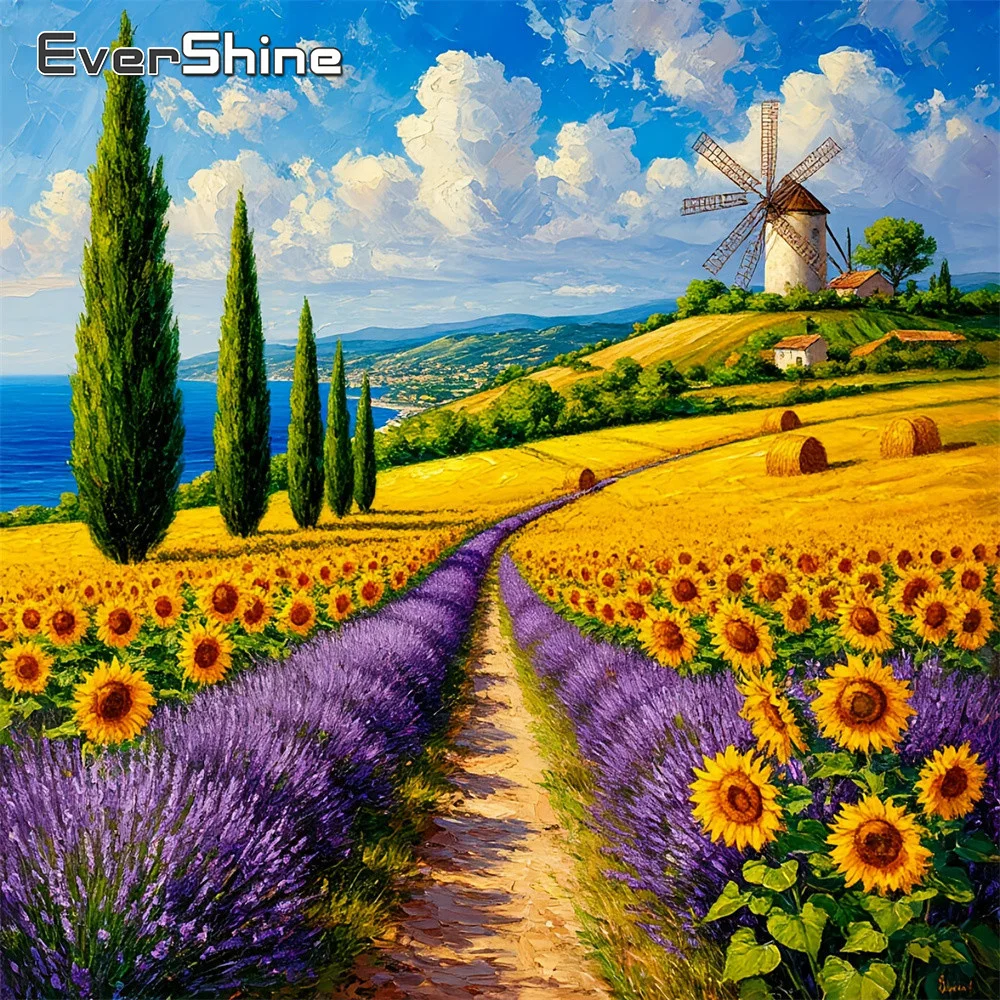 Evershine DIY Diamant-Mosaik Landschaftsbild Vollflächiges Diamantgemälde Sonnenblumen-Bild Strass-Stickerei Lavendel Heimdekoration