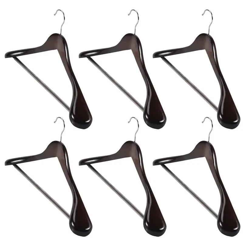 

AT84-Wide Shoulder Wooden Hangers 6 Pack With Non Slip Pants Bar - Smooth Finish Solid Wood Suit Hanger Coat Hanger